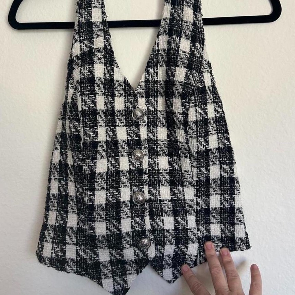 Y2K Tweed Button-up Plaid Halter Vest Open back